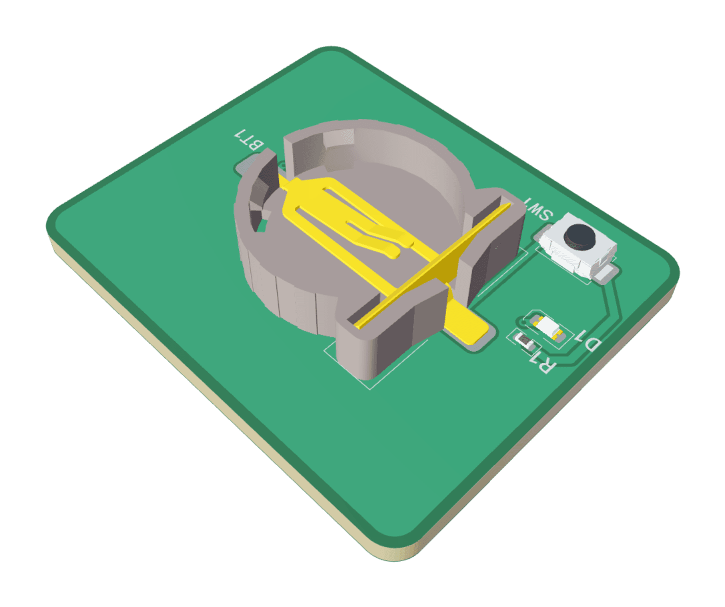 3D view of a coin-cell LED button board designed in EasyGerber