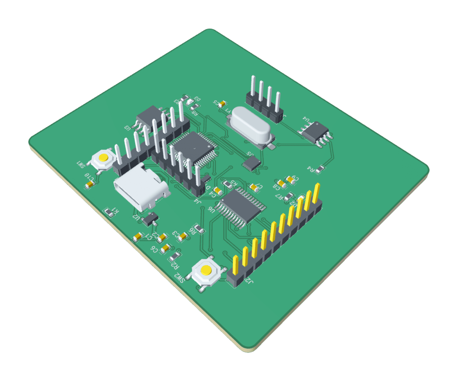 3D view of a USB-C motion sensor board designed in EasyGerber