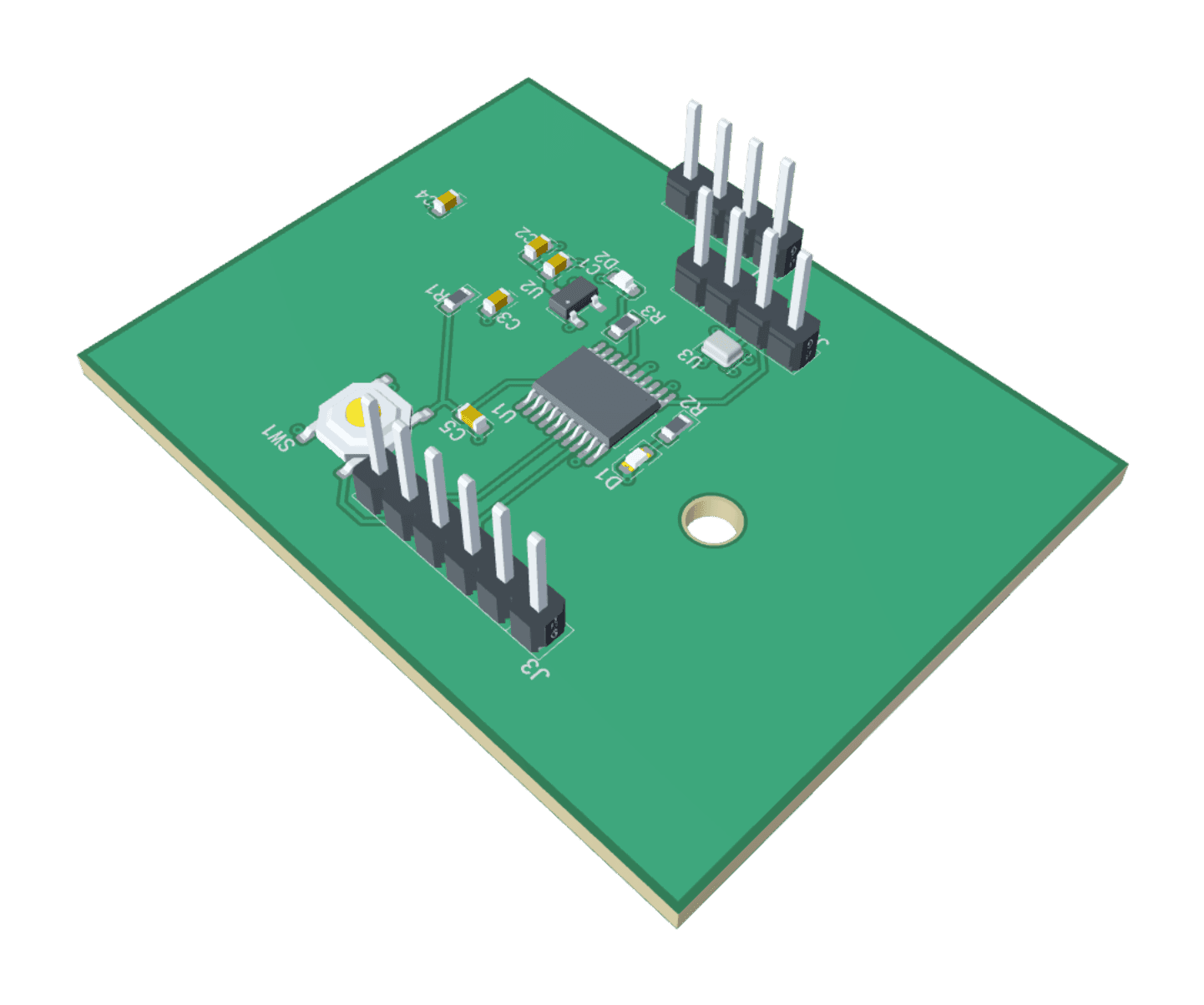 3D view of an STM32 and BMP280 environmental sensor board designed in EasyGerber